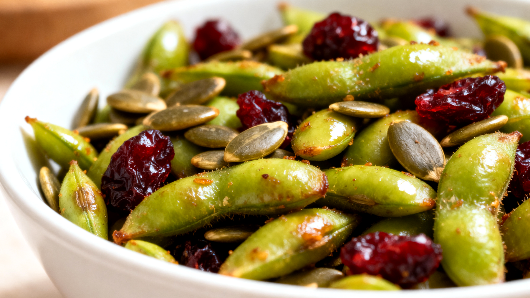 Edamame tostati con semi di zucca e cranberries disidratati"